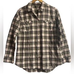 Eddie Bauer womens plaid button down. 100% cotton and light weight. Great top!!